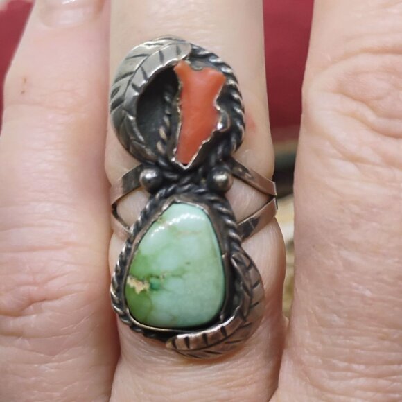 Vtg Native Navajo Old Pawn Sterling Silver Ring Turquoise & Coral Size 7.25 - Picture 1 of 6